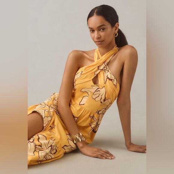 HUTCH Floral Halter Maxi Dress Maize Yellow Adjustable Neck Ruffle Slit 4 NEW - Picture 6 of 14